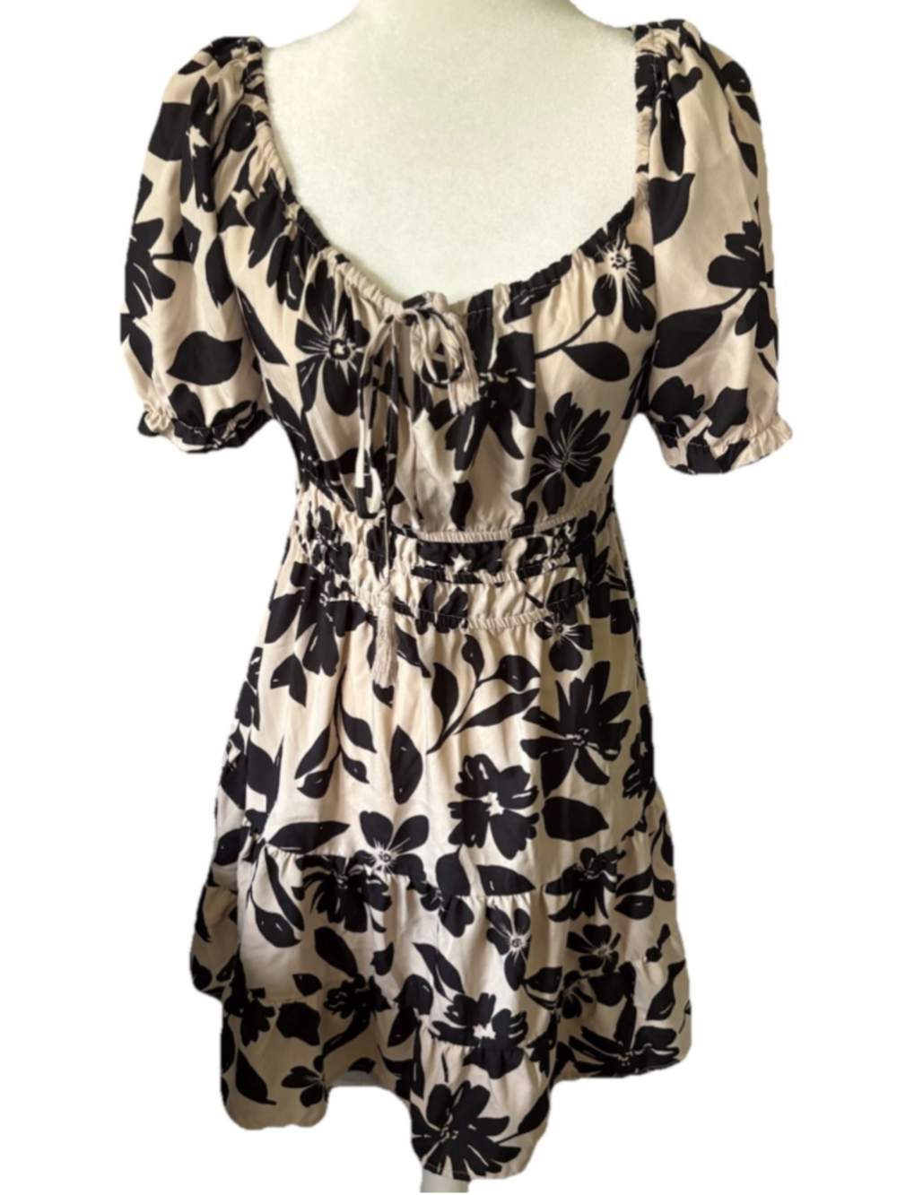 Blush Black and Beige Floral Puff Sleeve Tiered Mini Dress